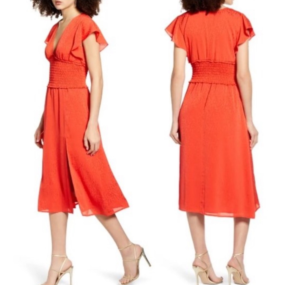 Leith Red Poppy Smoked Waist Midi Dress